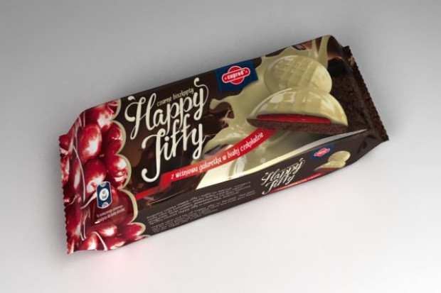 Happy Jiffy - czarne biszkopty z galaretką w białej i deserowej czekoladzie