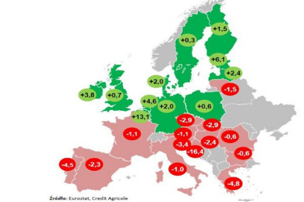 Produkcja mleka w UE w 2013 r. (% r/r) Produkcja mleka skoncentruje się na północy