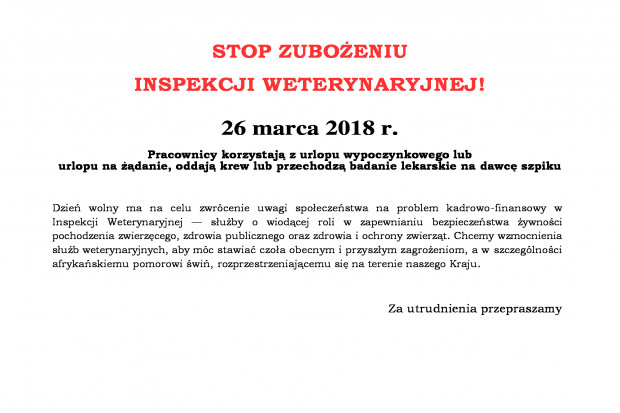 fot. mat. pras. Pracownicy Inspekcji Weterynaryjnej biorą urlopy na żądanie
