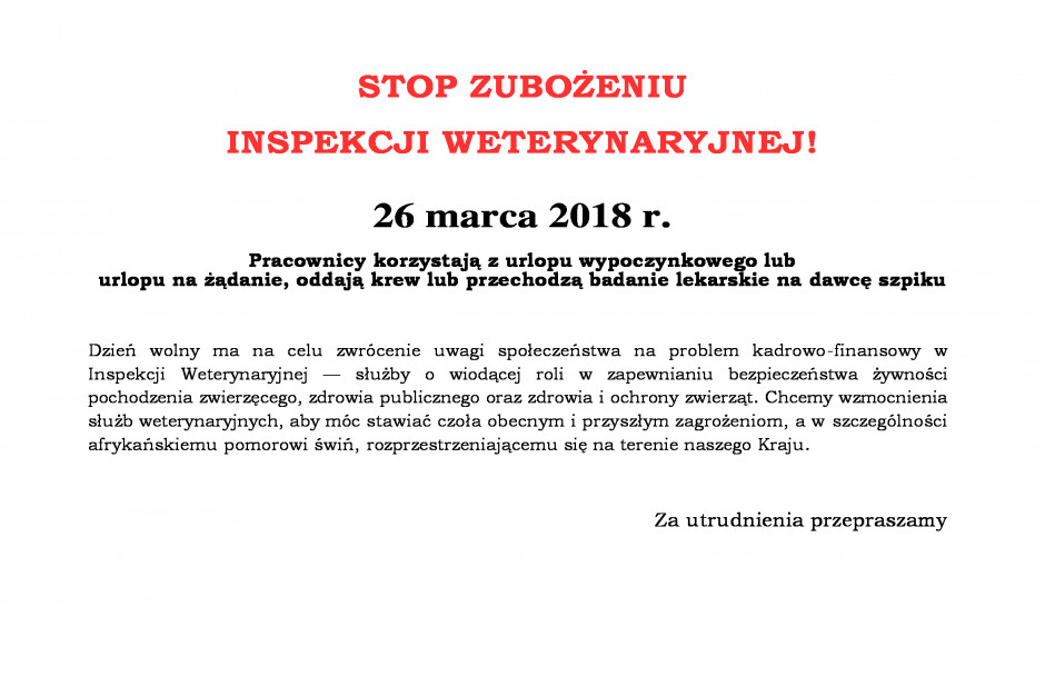 fot. mat. pras. Pracownicy Inspekcji Weterynaryjnej biorą urlopy na żądanie