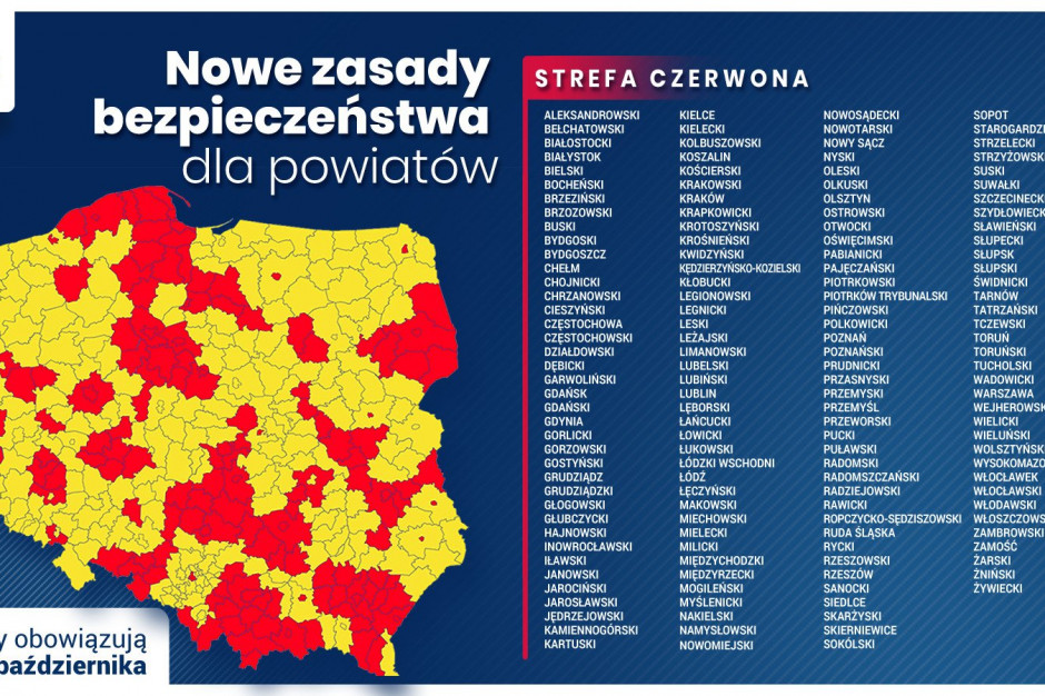 Nowa mapa żółtych i czerwonych stref; fot. twitter.com/PremierRP Nowe obostrzenia: gastronomia czynna do godz. 21; 5 osób na jedną kasę w sklepach w czerwonej strefie